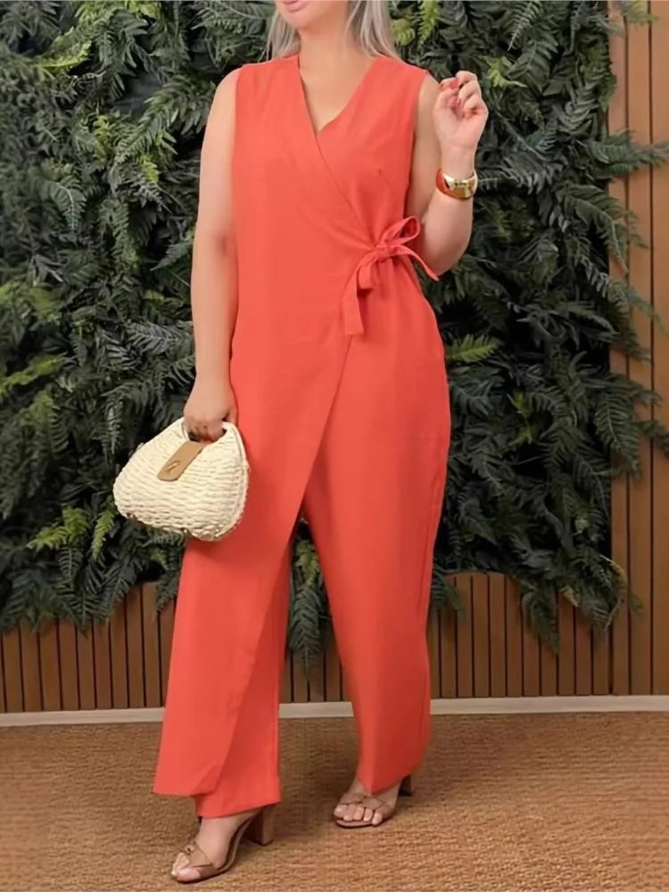 New Fashion Women's Jumpsuit Solid Color Wide Leg Pants Summer Sexy V Neck Sleeveless High Waist Office Elegant Jumpsuits Female