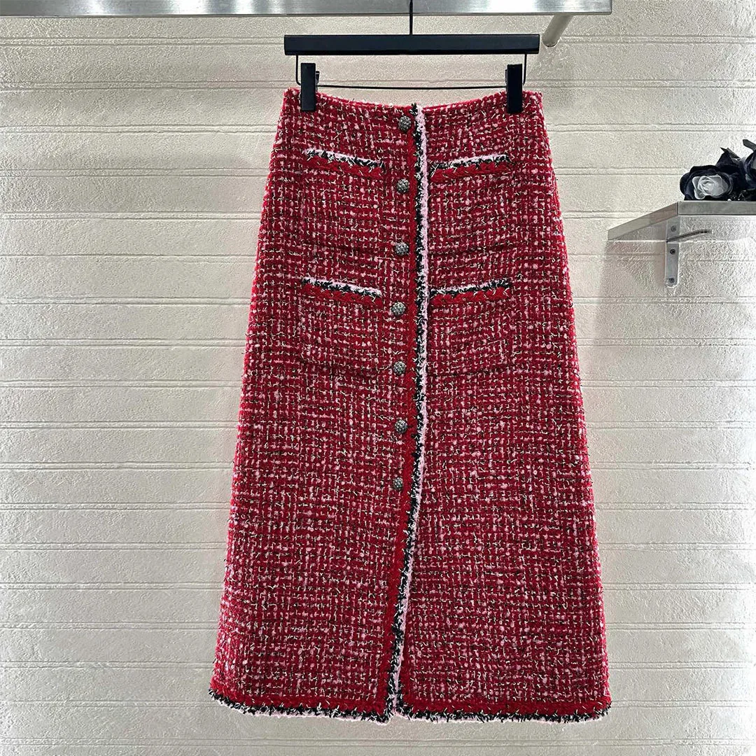 

New Fashion Elegant Red Plaid Wool Blends Tweed Woven Long Skirts Womens High Waist Single Breasted Back Split Vintage Skirt