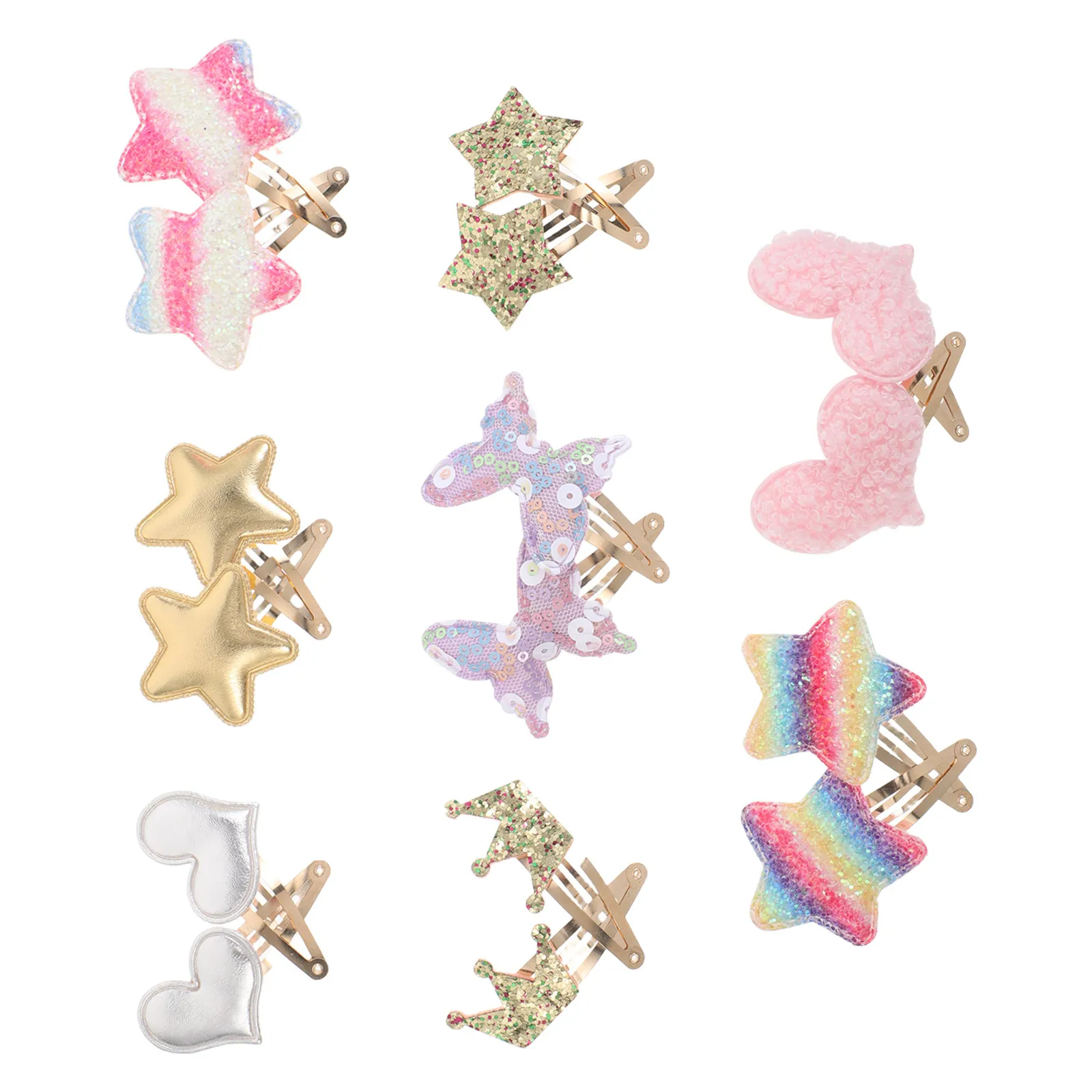 

8 пар заколок для волос для девочек: блестящие металлические заколки-защелки, звезды, сердечки, короны, бабочки, сверкающие заколки-зажимы, аксессуары для волос для малышей