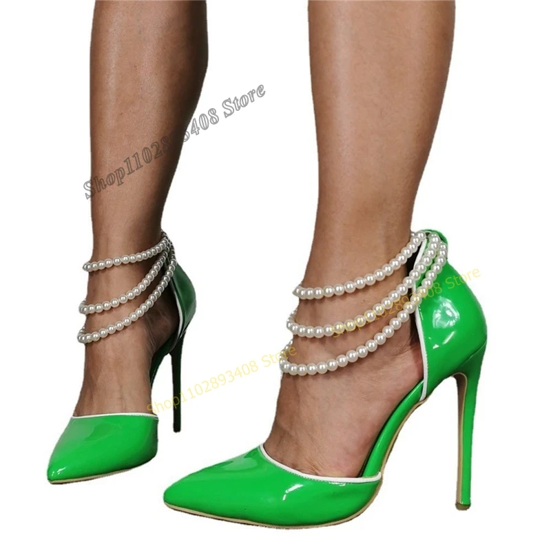 Green Color Pearl Chain Pumps Patent Leather Pointed Toe Stilettos High Heel Women Shoes 2023 Fashion Sexy Zapatos Para Mujere