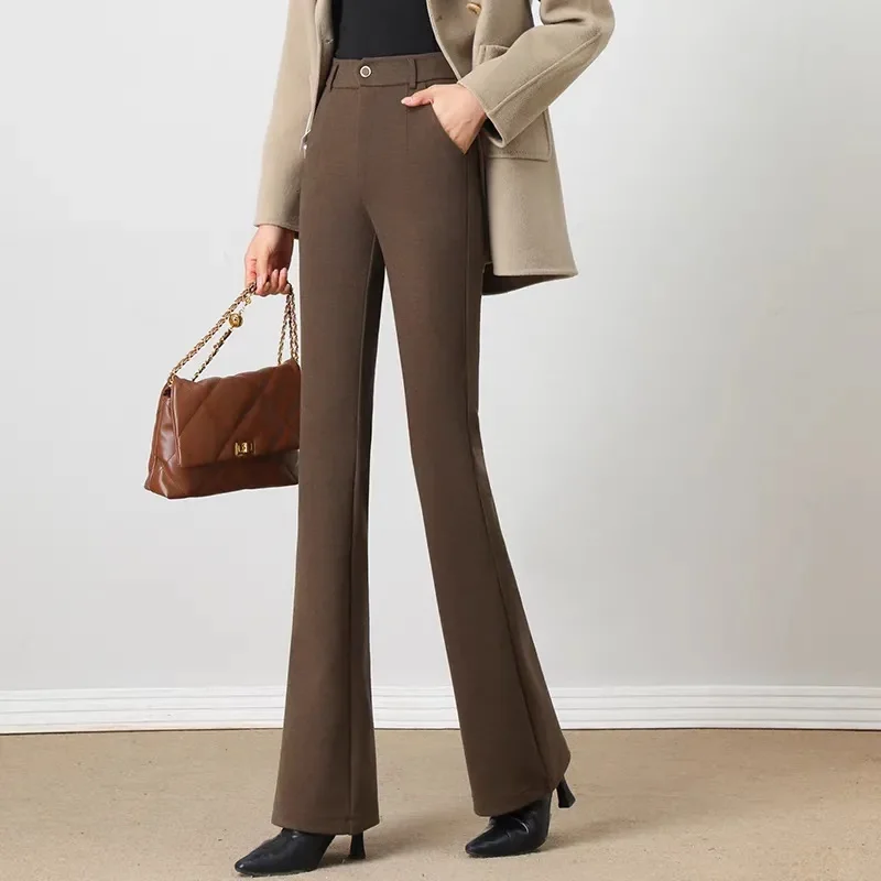 2025 outono nova cintura alta emagrecimento drapeado profissional micro-pull terno reto calças sino-bottom coreano