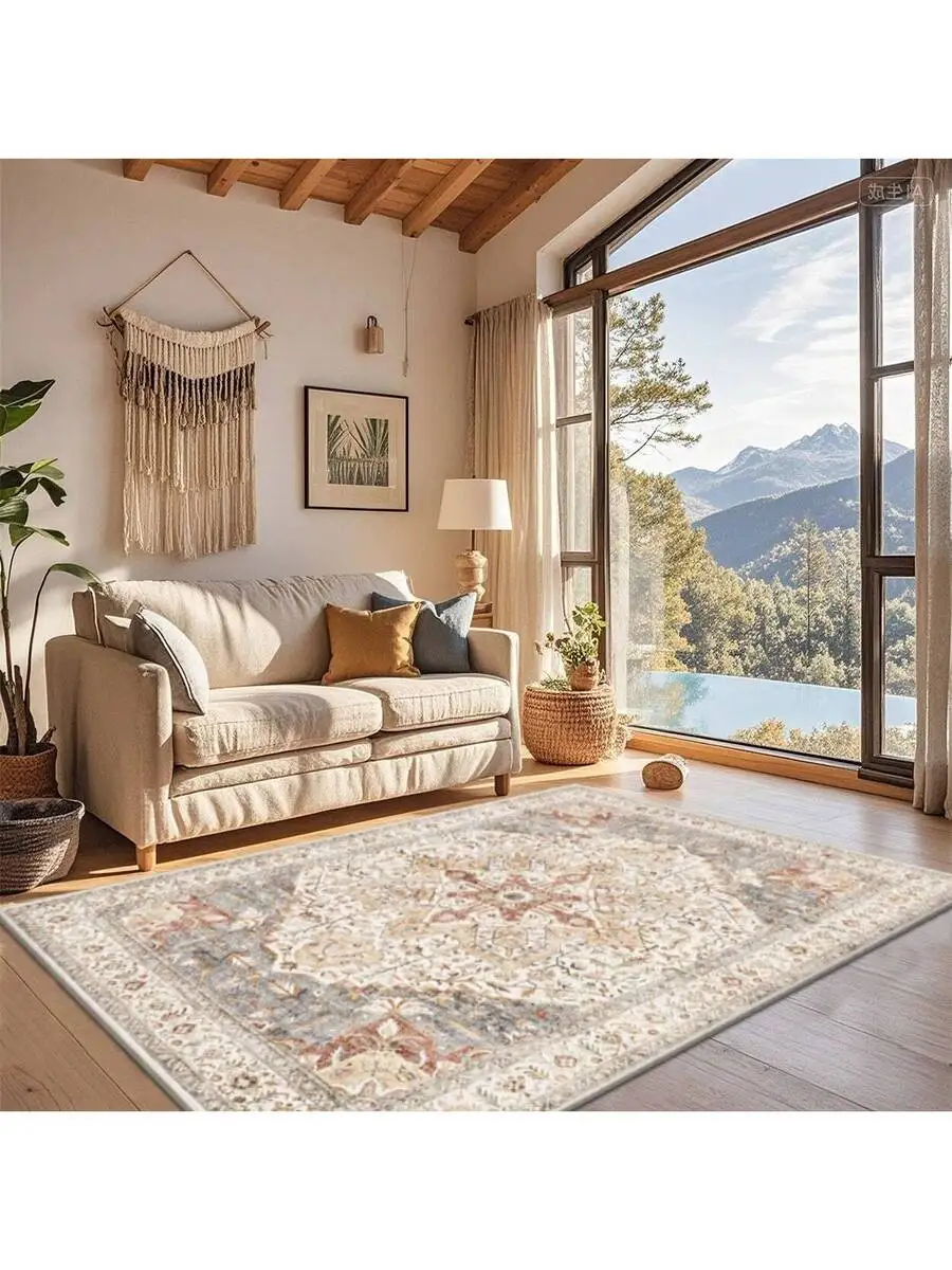 Vintage Floral Pattern Large Area Rug, Soft Cashmere-Like Texture, Machine Washable, Living Room Bedroom Decor