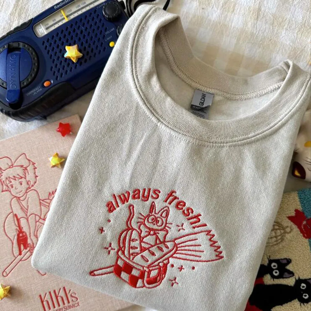 Always Fresh Cute Cat Embroidered Crewneck Sweatshirts Women Khaki Loose Thick Warm Jumpers Autumn Fashion Casual Retro Jumpers