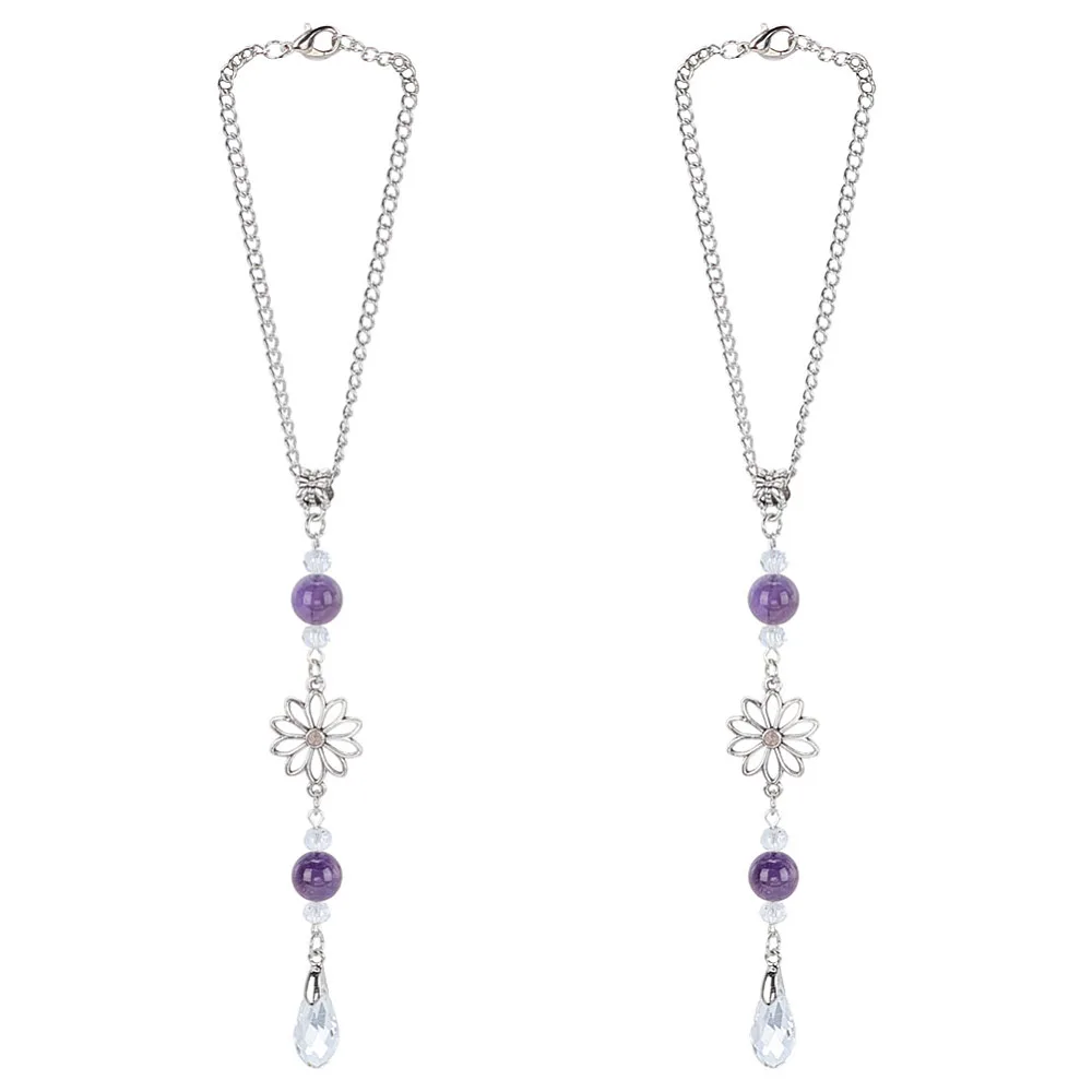 2Pcs Flower Hanging Decor Alloy Dark Orchid Flower Hanging Car Charm Teardrop Rear View Mirror Accessories Boho Accessories