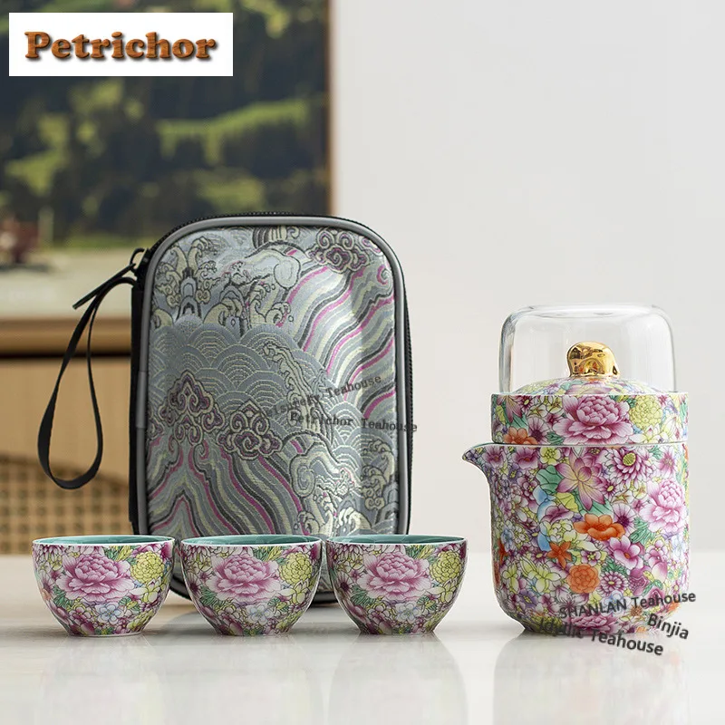 

Эмалированный красочный цветочный дорожный чайный сервиз, античный 1 горшок, 3 чашки, органайзер для заваривания чая, портативная сумка-тоут для кемпинга, украшение, подарок