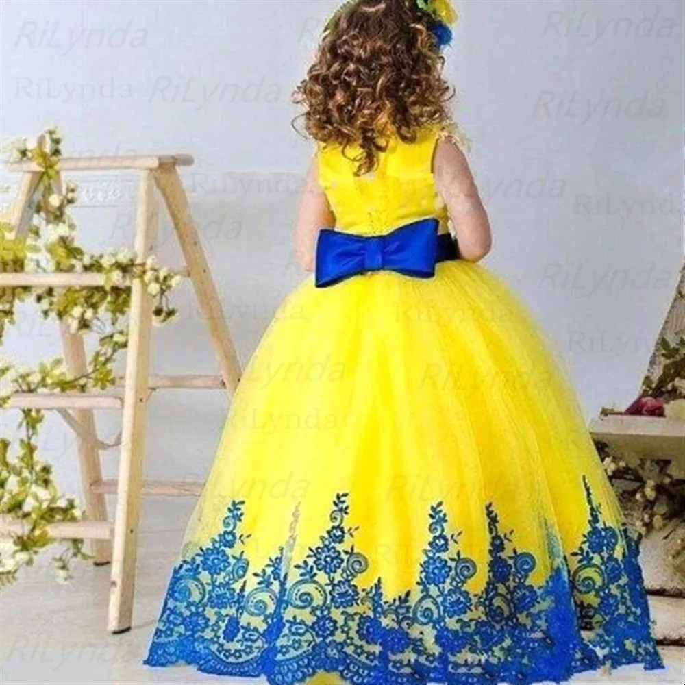 

Tulle Flower Girl Wedding Dress Sleeveless with Bow Appliques Lace Puffy Princess Kids Birthday Party First Communion Ball Gown