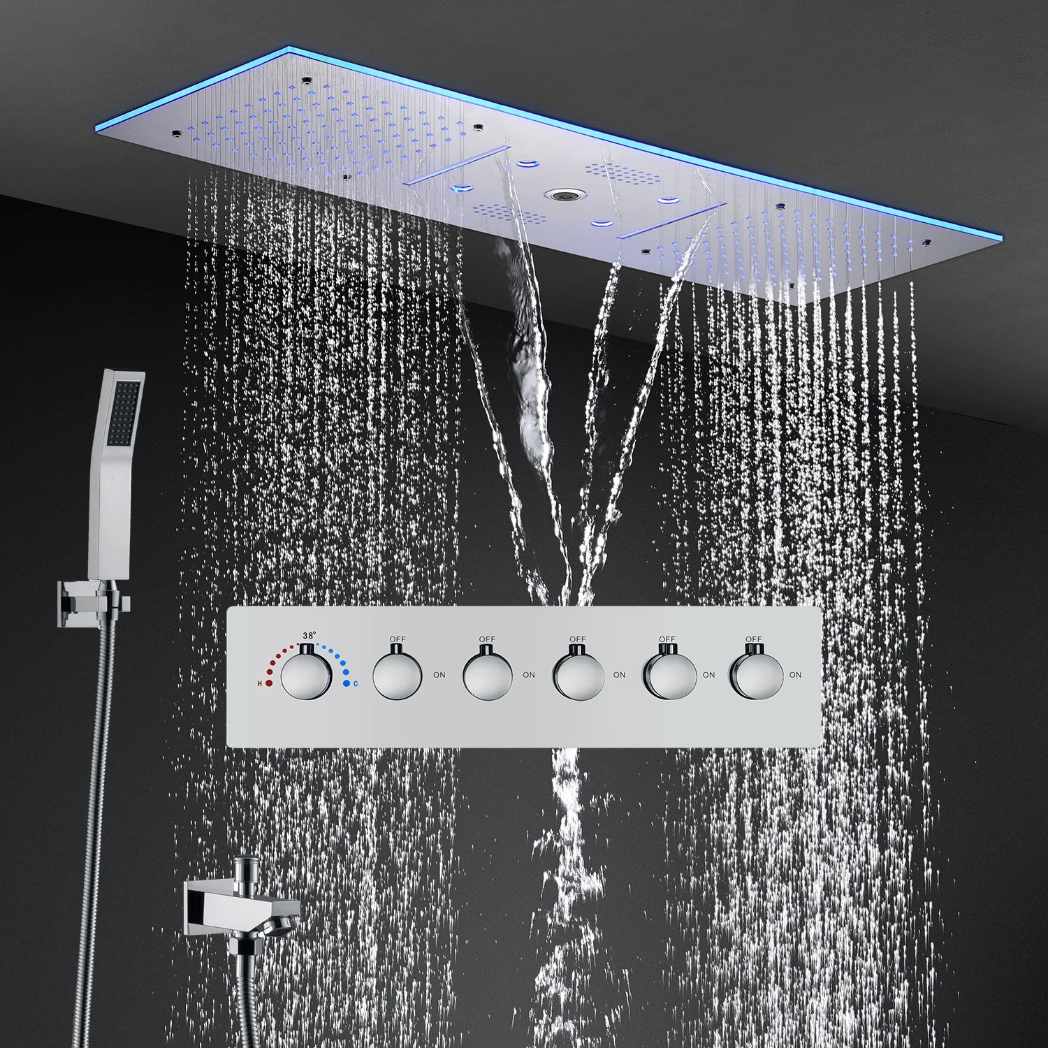 Bathroom Ceiling Concealed 36x12Inch 900x300mm Bluetooth Music LED Shower Head Panel Kit Thermostatic Mixer Valve