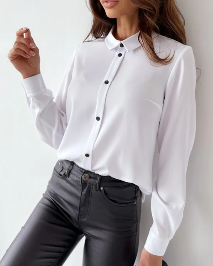 Business Casual Woman Outfit Autumn French Elegant Lapel Button Front Lace Up Details Long Sleeve Shirt Casual Clothes for Women