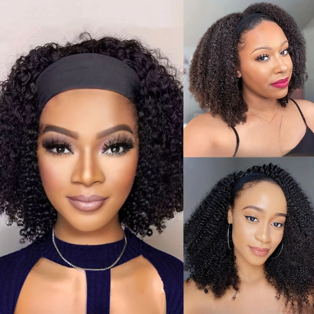 

200% Density Human Hair Wig Short Headband Wig Natural Black Short Kinky Curly Bob Cut Kinky Curly Headband Wig Machine Made Wig