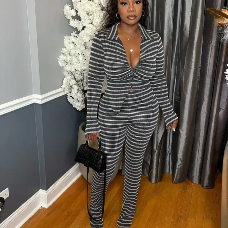 Doyerl Knitted Striped Two Piece Set Woman Autumn Winter Long Sleeve Single-breasted Knit Top and Pants New in Matching Sets