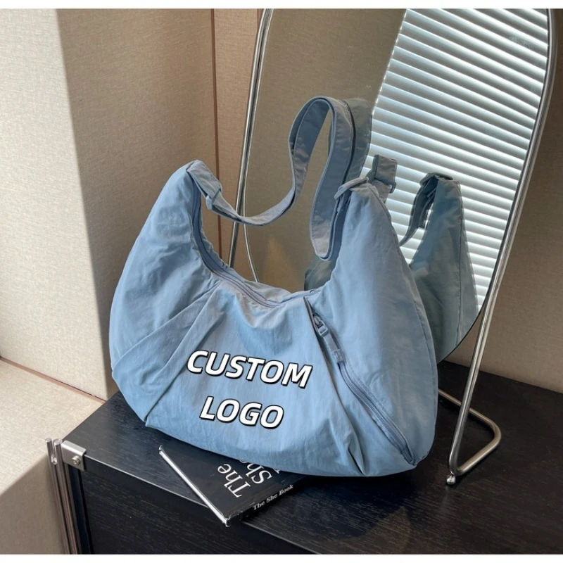 Custom Logo Nylon Crescent Hobo Bag, Large Capacity Pleated Shoulder Tote Bag Casual Lightweight Crossbody Handbag Daily Travel