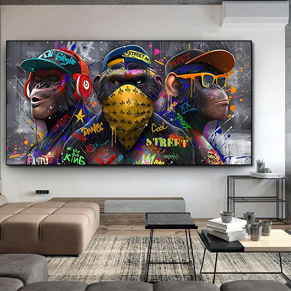 الكتابة على الجدران الجدار ملصق فني ثلاثة القرود الهيب هوب العصرية الحيوان جدارية ديكور المنزل الحديث قماش صورة طباعة غرفة المعيشة تزيين