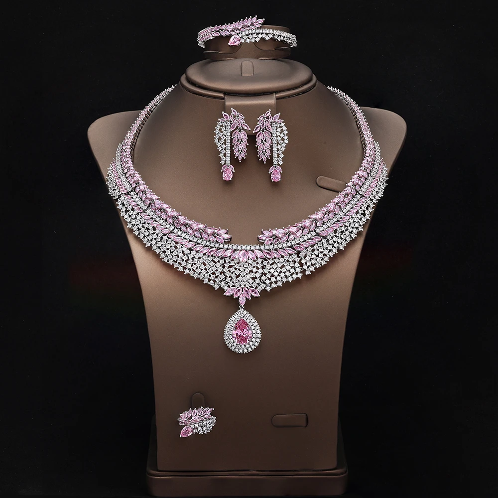 HIBRIDE New Temperament Gorgeous Pink sliver color Jewelry Necklace Earrings Bracelet Women's Decoration Wedding Ball Gift 1043