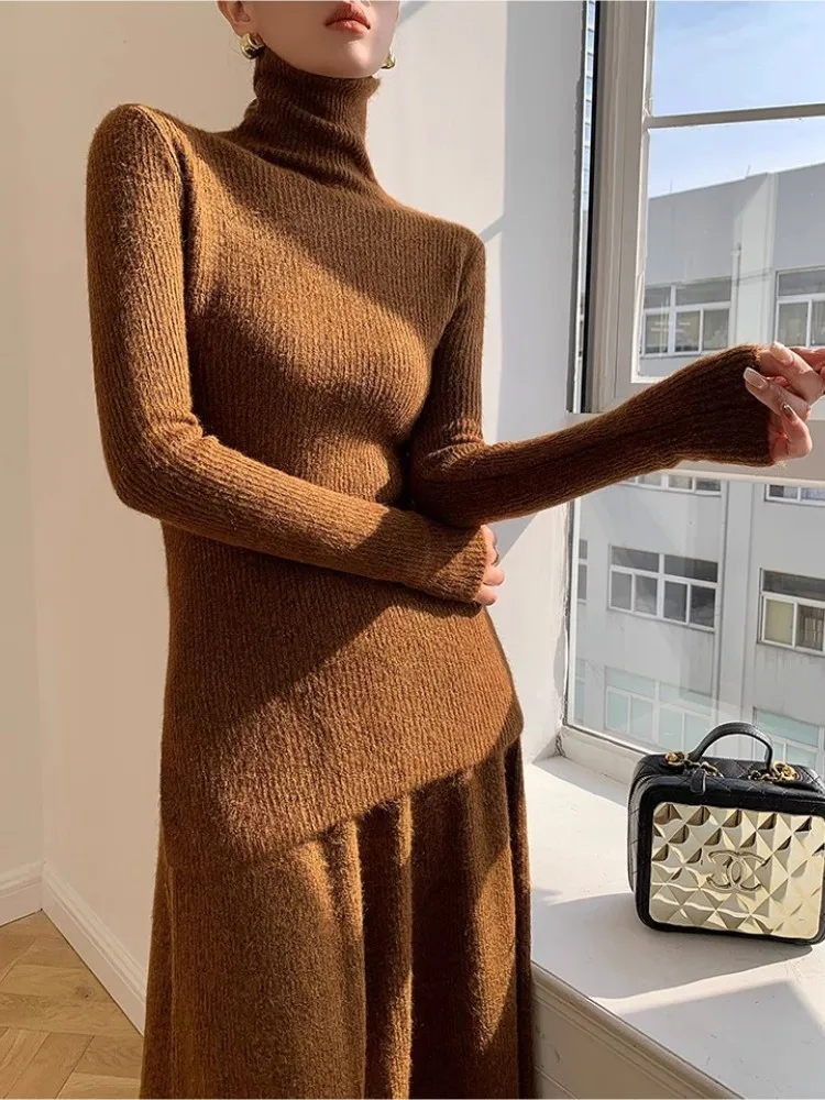 Coffee Colored Half High Necked Sweater Set Skirt For Women'S Autumn And Winter Haute Couture High Waisted Half Skirt Two-Piece