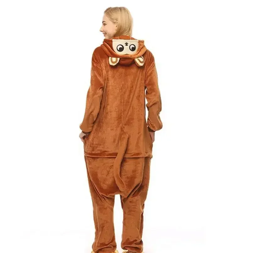 

Brown Monkey Kigurumis Unisex Pajama Overalls Home Wear Cartoon Animal Onesie Winter Warm Flannel Funny Jumpsuit Adult