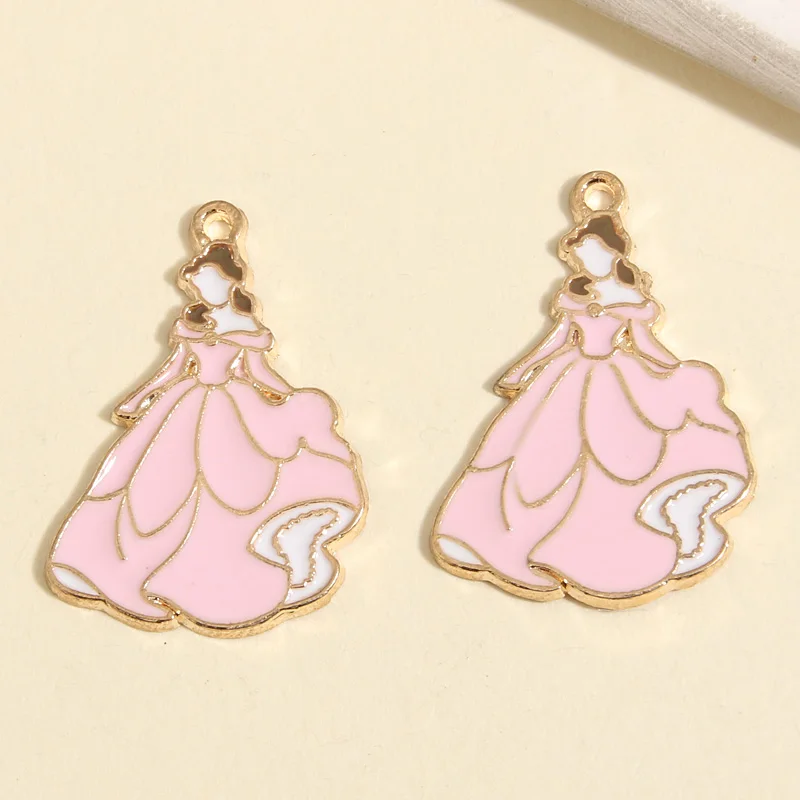 10pcs Gold Color 28x20mm Cartoon Enamel Princess Charms Formal Dress Pendant Fit DIY Necklaces Jewelry Handcrafted Accessories