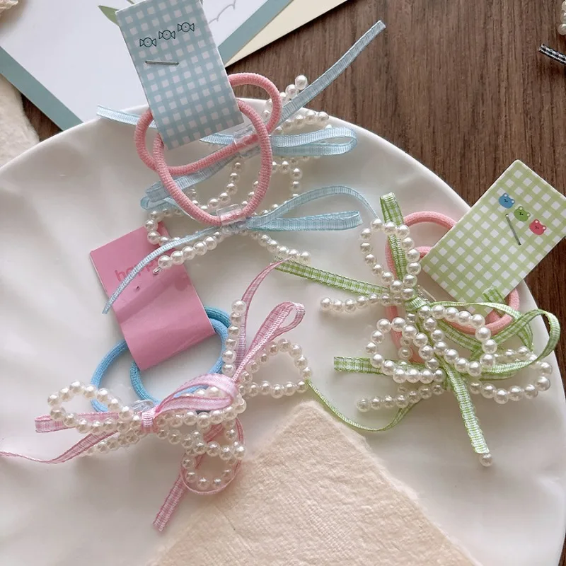 Spring Sweet Plaid Bow Hair Ties, Candy-Colored with Pearls, Girlish Heart, Kids' High-Elastic Hair Bands, Non-Damaging.
