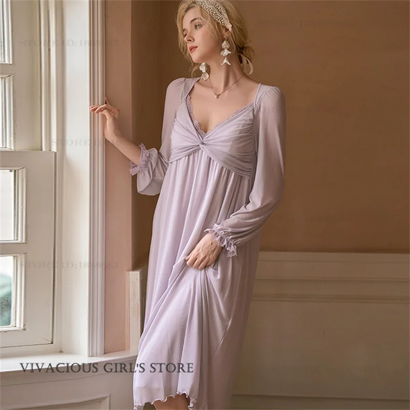 Women Long Nightgown Sleepwear Spring Summer French Sexy Fairy Palace Style Nightdress Casual Mesh Home Clothes Lounge Wear