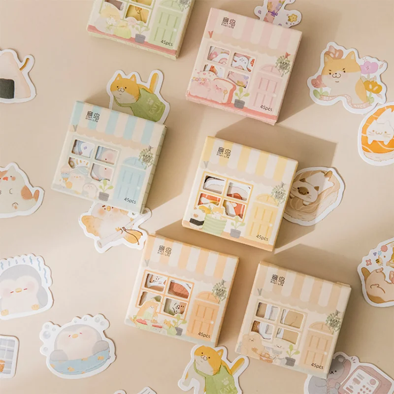45 Pcs Boxed Stickers Cartoon Cute Notebook Diy Stickers Stationery Kawaii Stickers