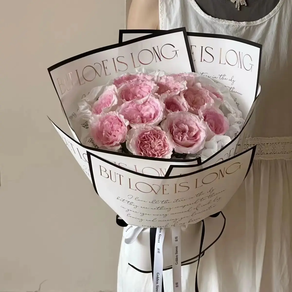 Valentine's Day Minimalist Noble Gold Foil Waterproof Beads Flower Bouquet English Wrapping Paper Materials 30x45CM 10pcs