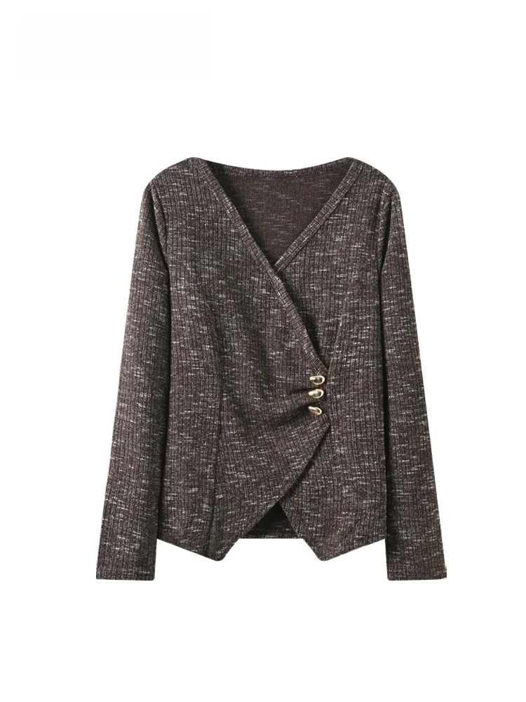 

plus Size Long Sve V-Ne Knitwear Ele Sle Polyester Fiber Casual Spring Top for Plump Women Trendy Vintage Meat Con...