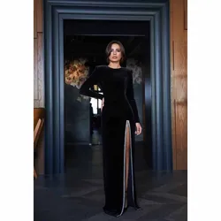 KSDN Black Velvet Evening Dress Long Sleeve High Split Floor Length O-Neck Crystal Formal Occasion Elegant Women Gown Prom Party