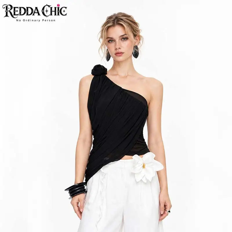 REDDACHiC Rose Applique Slant Shoulder Women Top Simple Chiffon Asymmetrical Draped Shirring Cropped Tank Top Elegant Everyday