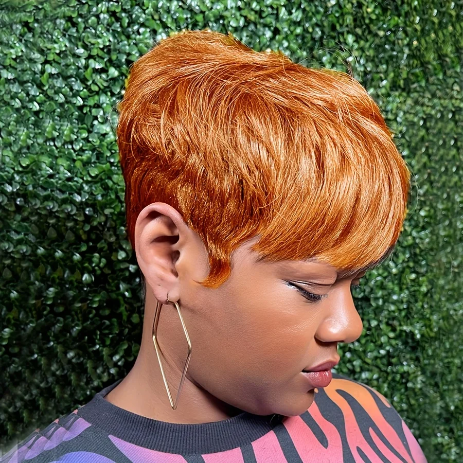 

Парики из 100% человеческих волос рыжего цвета, короткий парик с стрижкой пикси с челкой оранжевого цвета, полностью машинное производство