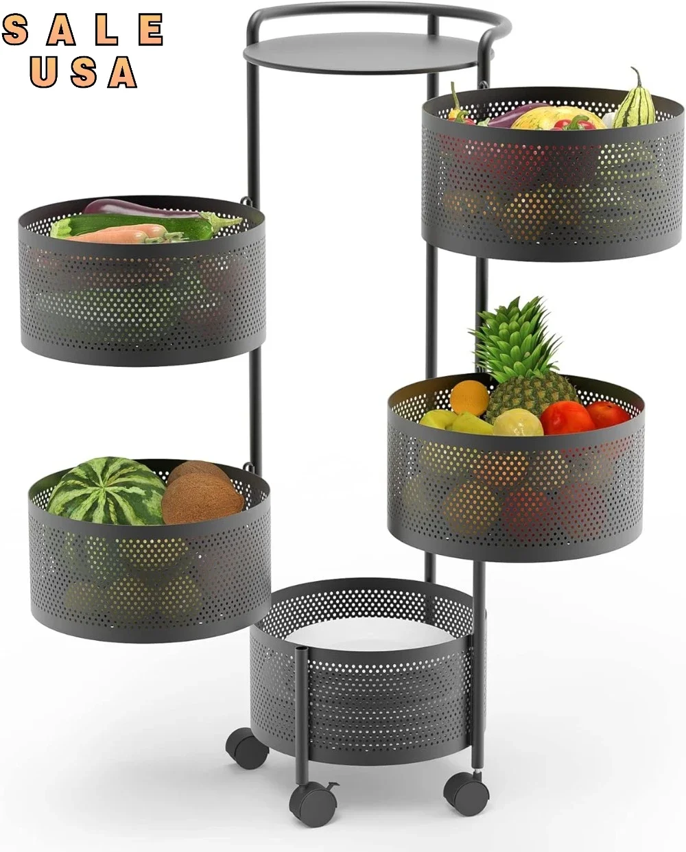 

Rotating Fruit Basket 5-Tier Metal Sturdy Kitchen Storage Rack Shelf Carts No Assembly on Rolling Wheels