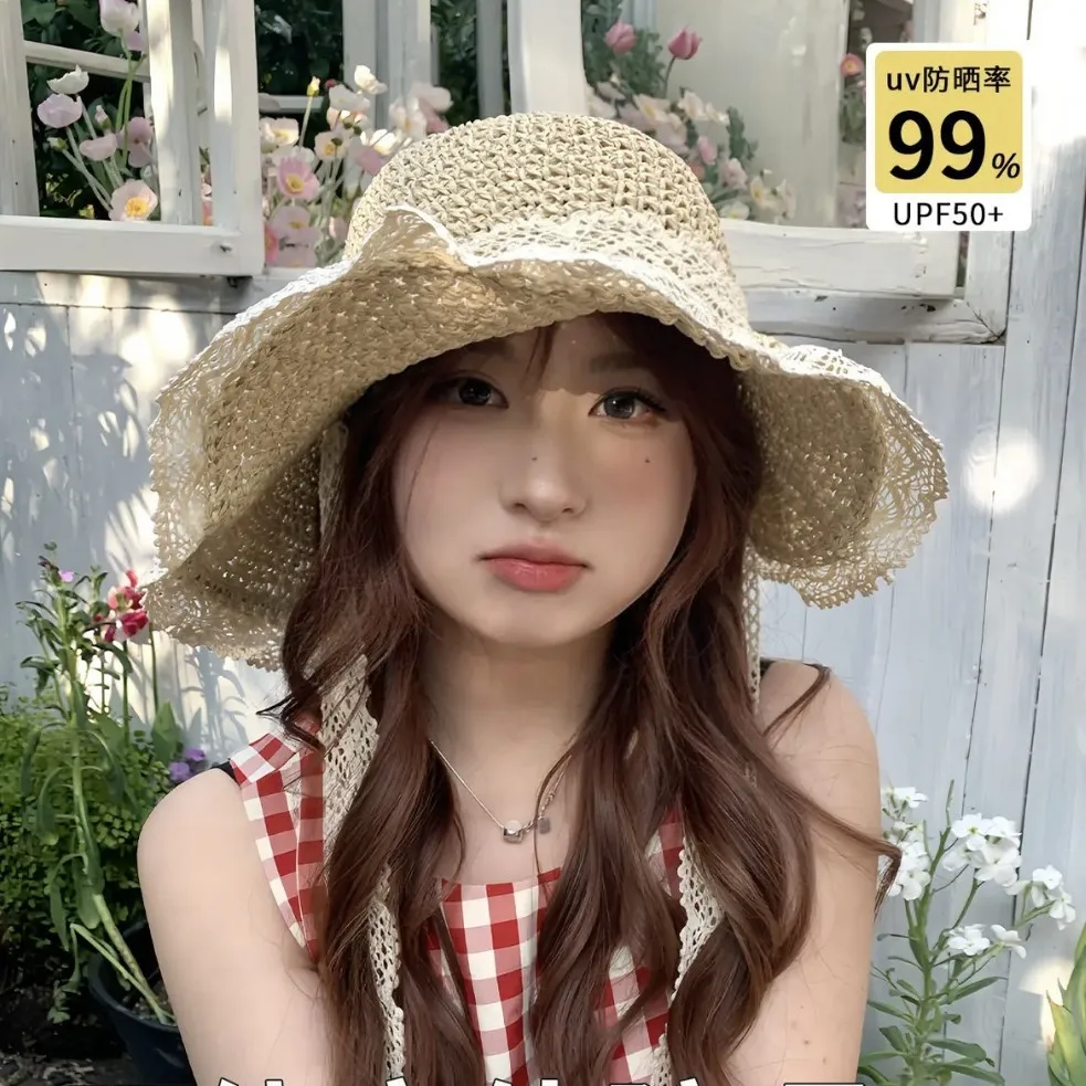 French Japanese Beach Straw Hat for Women, Summer Thin Breathable Lace Hollow Fresh Sun Protection Cap