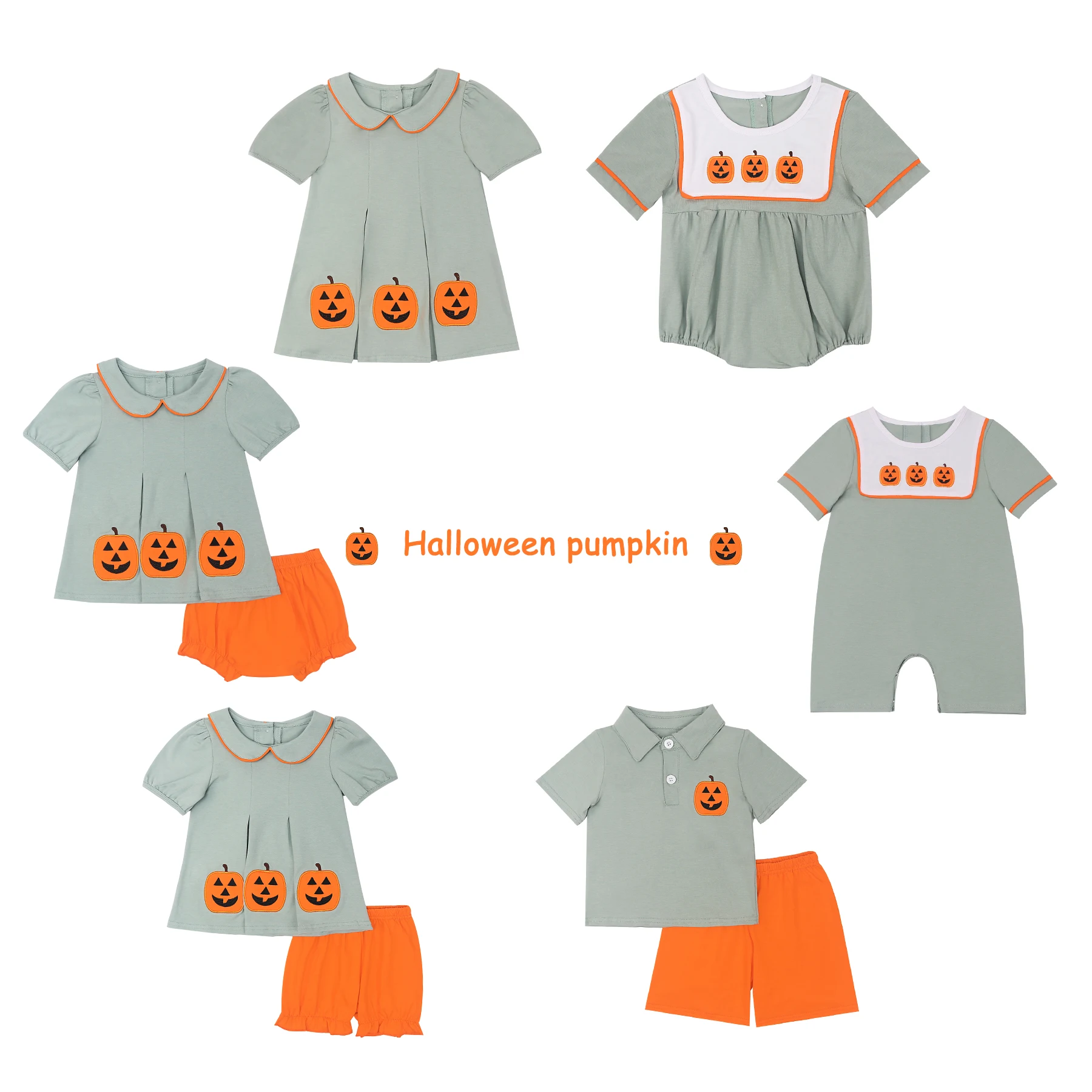 Hallowmas Ropa Summer Short Sleeve Round Neck Dress Pumpkin Embroidery Girl Grey Top T-shit And Orange Pant Romper Boy Clothes