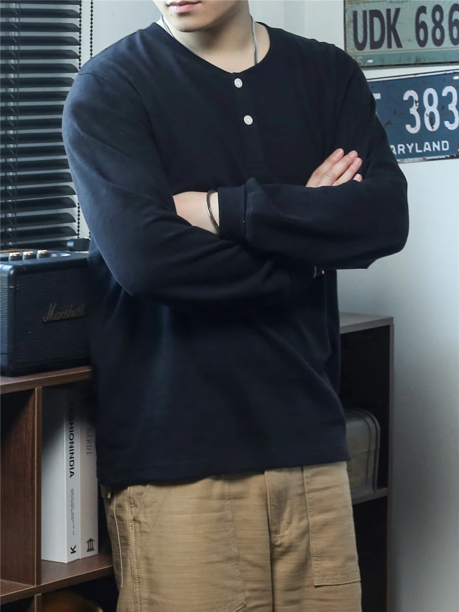 

American Sle Hard Man Bamboo Cotton Henry irt Heavyweight 320g Long Sve T-irt Men's Faion Urban Casual Wear