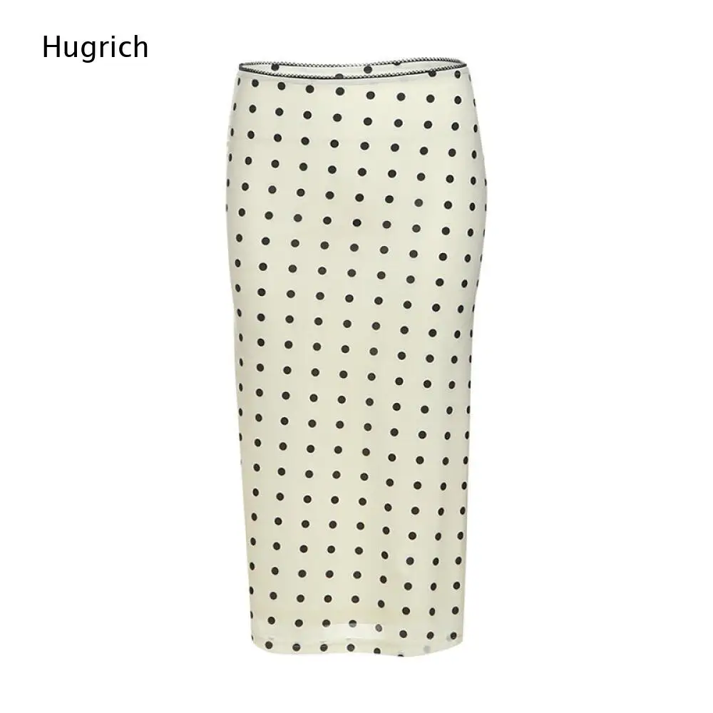 Polka Dot Mesh Pencil Midi Skirt Ladies Beige High Waist Slim Sheer Bodycon Casual Long Skirt