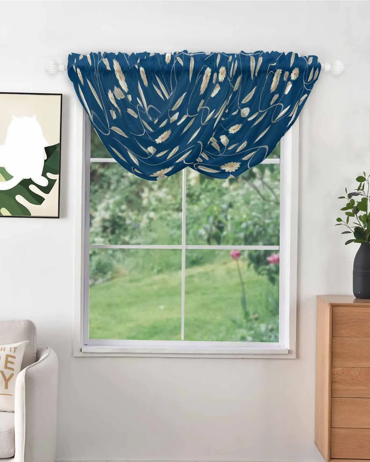 Flower Leaves Rattan Blue Sheer Short Curtains for Living Room Voile Panels Kitchen Cafe Tulle Window Treatments