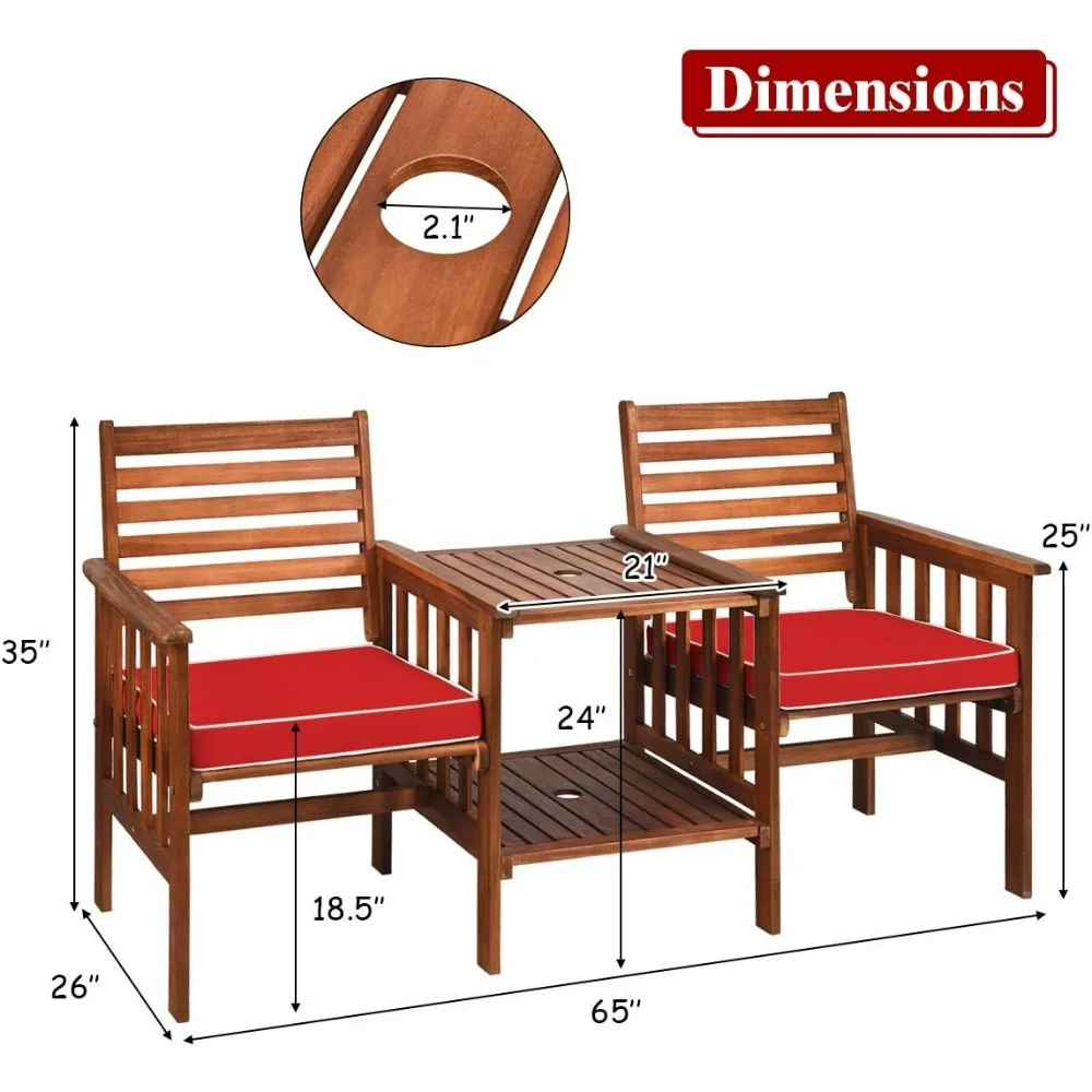 مقعد Loveseat من خشب السنط، طقم كراسي طاولة خارجية مكون من 3 قطع، طقم محادثة للفناء مع طاولة قهوة ووسائد ناعمة، 2.1 بوصة #5