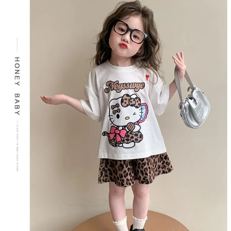 Hello Kitty Anime Kawaii Sanrio Ins Fashion Cotton Short-sleeved Shirt 2025 Summer New Cute Children Fashionable Top Clothes Toy