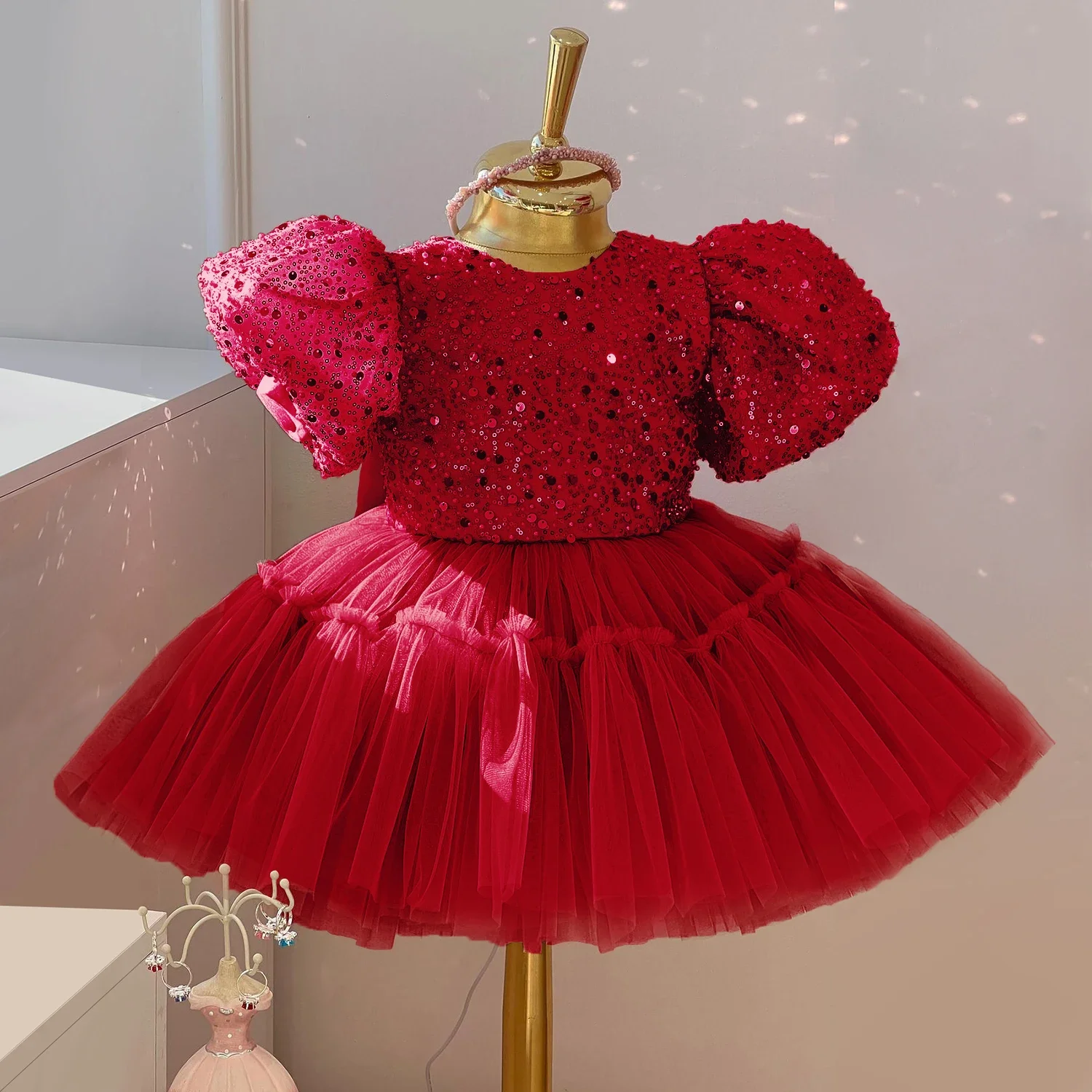 1-5Yrs vestito da bambino per paillettes manica a sbuffo Vestido battesimo festa matrimonio compleanno fiocco principessa vestito ragazza Tulle