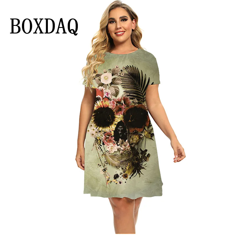 2024 New Spring Plant Mushroom 3D Skull Dresses donna Summer manica corta Mini abito allentato Casual Gradient Print Plus Size Dress