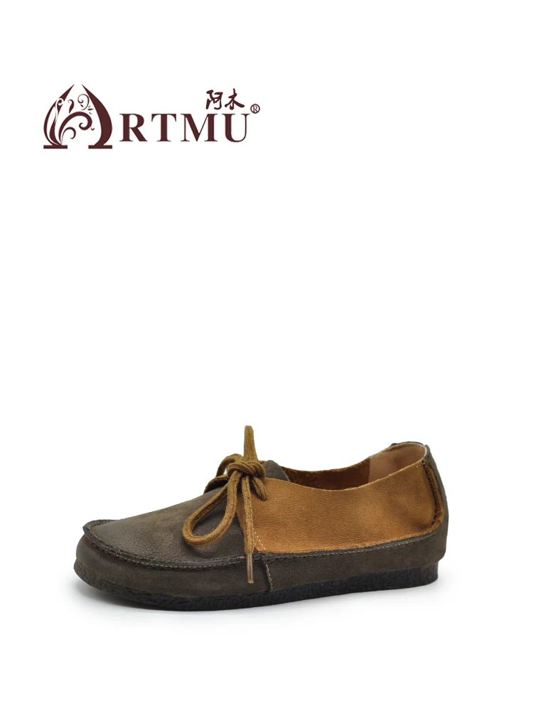 Artmu 2024 New Women Bow Shoes Lace Up Mixed Colors Flats Handmade Luxury Female Shoes Genuine Leather Ladies Closed Toe Sandals