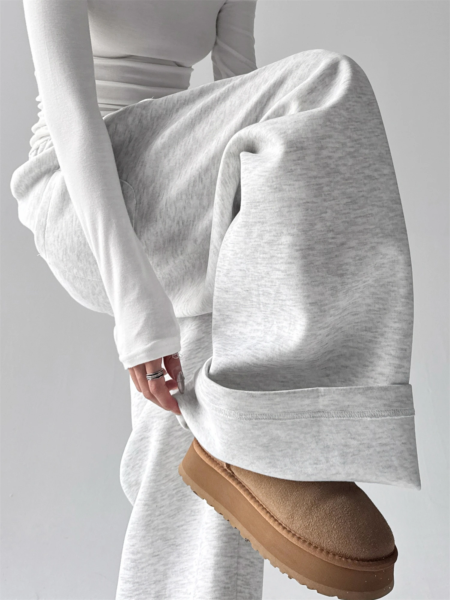 Women's Gray Oversized Wide Leg Pants Letter Print Drawstring Waist Casual Streetwear Ladies Trousers