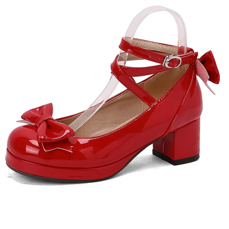 

Patent PU Leather Bowtie Cosplay Lolita Red Shoes Big Size 48 49 50 Ankle Cross-strap Platform Square Med Heel Mary Janes Pumps