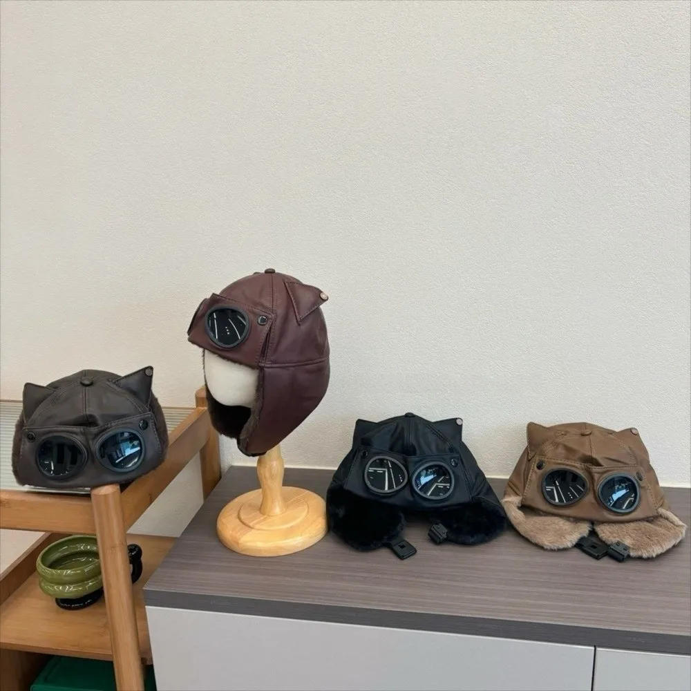 

Модная ретро шляпа-бомбер из искусственной кожи плюс пуховая шляпа пилота ветрозащитная бархатная подкладка шляпа с кошачьими ушками унисекс