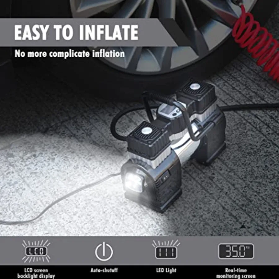 ضاغط هواء مزدوج الأسطوانة تيار مستمر 12 فولت للسيارة منفاخ إطارات محمول عالي التحمل مع ضوء LED مضخة إطارات 120 رطل لكل بوصة مربعة مثالية لـ #3