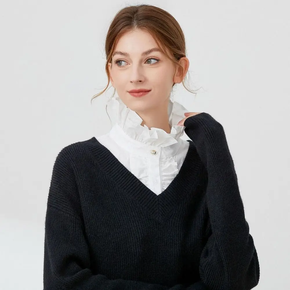 Retro White Detachable Fake Collar Ruffle V-shaped Lace Lapel Half Shirt Stand Collar Hollow Out Horn Cuff Female