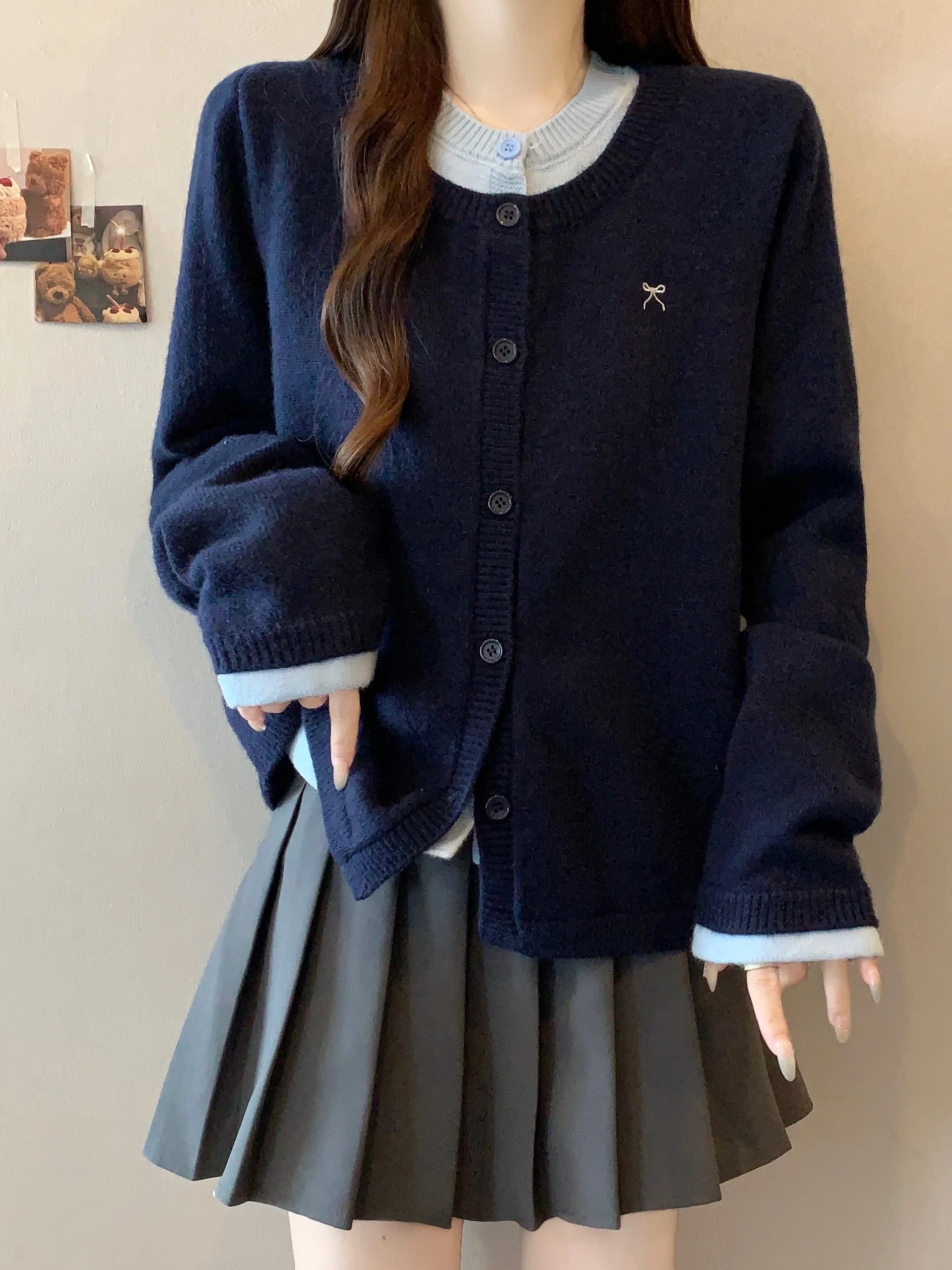 

Свободный синий кардиган больших размеров для женщин, вязаный топ, скрывающий живот, с эффектом похудения, в стиле Princ Sle