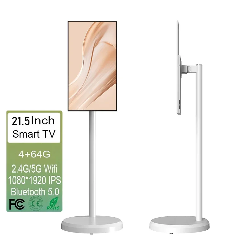 21.5 Inch Android Led Tv Smart Screen Tv White Indoor Floor Standing Tablet Tv With Battery Smart Television On Wheels