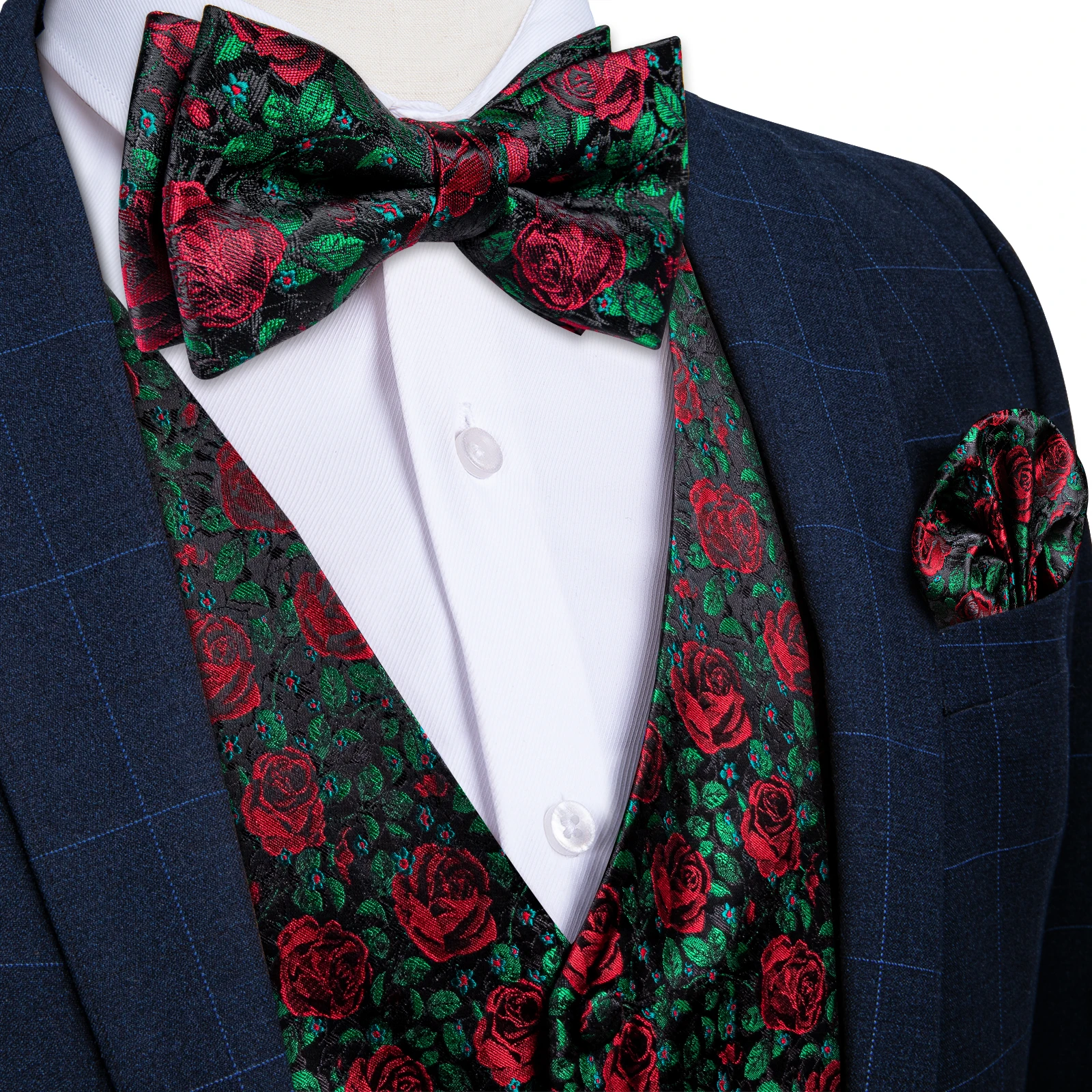 Blumen weste und Krawatten set für Herren, vor gebundene Fliege, Kleid mit quadratischen Manschetten knöpfen, klassische Business-Weste für Männer, 5-tlg – Detail 11