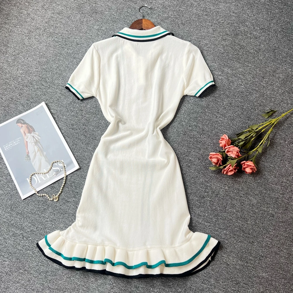 YuooMuoo Women Dress 2025 Summer Vintage Turn-down Collar Knitted Mini Dress Lady Slim Elastic Ruffled Bodycon Party Dress Robes image 6