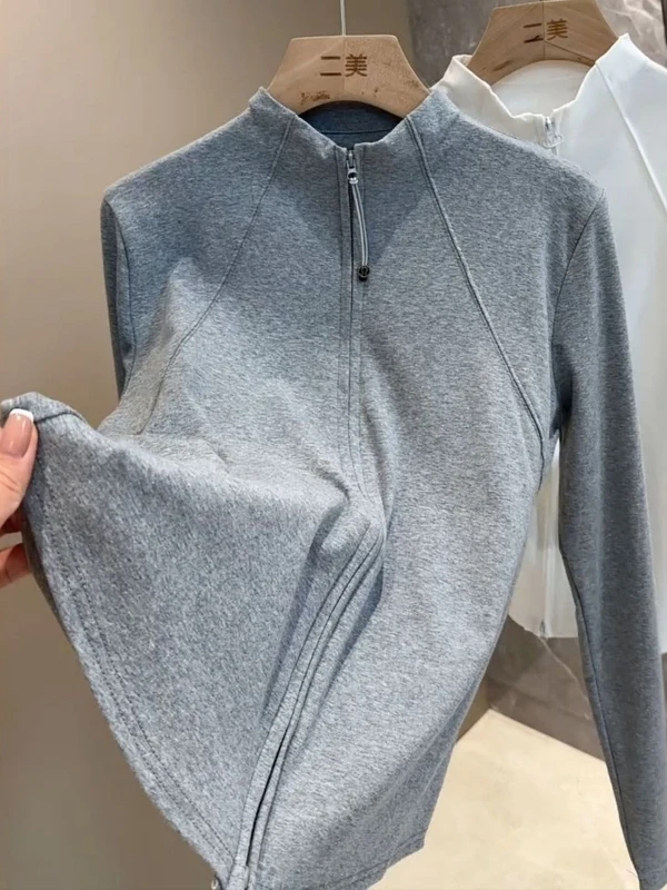 Plus Size 300-Pou-Damen-Cardigan mit langem Sve-Reißverschluss, T-Shirt, Sweatshirt, vielseitiges Basisschicht-Oberteil, hohes Taillen-Design