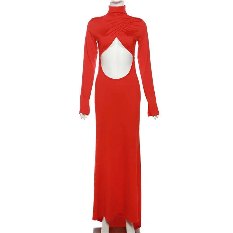 Elegantes rotes Ausschnitt-Maxikleid für Damen, sexy, rückenfrei, aushöhlen, langärmelig, gerafftes Kleid, schmale Passform, weibliche Party-Club-Outfits